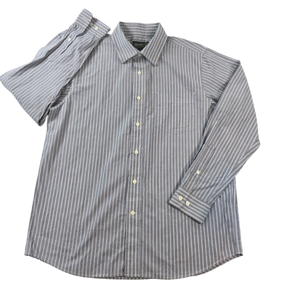 Eddie Bauer Striped Long Sleeve Button Down Shirt Grey Blue Medium Mens Classic